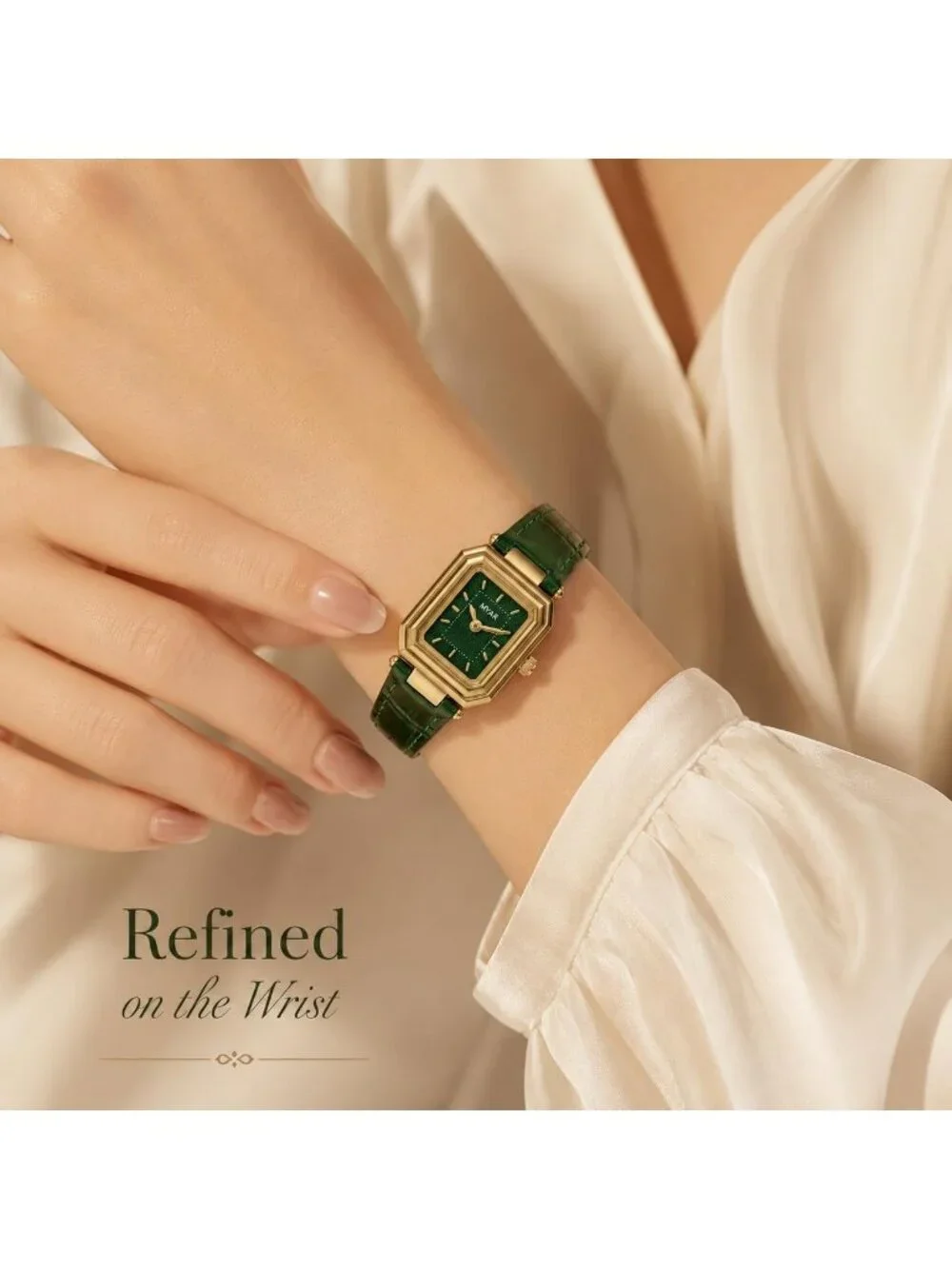 Women's Green Square Vintage Leather Strap Dress Quartz Elegant Wrist Watches